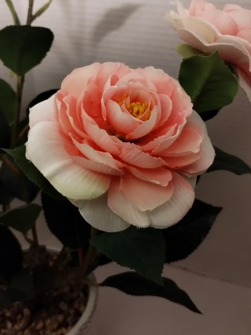 Artificial Camellia Pink/White Faux Plant in White Ceramic Pot